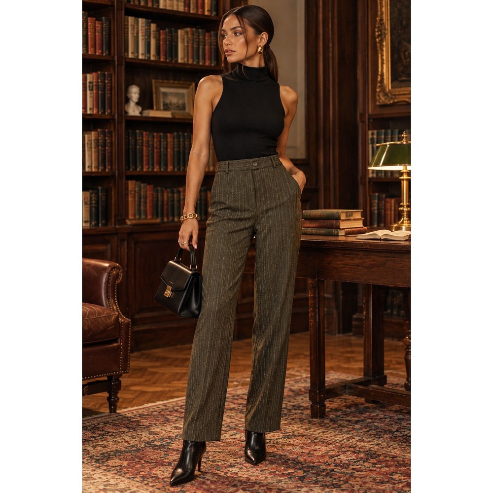 CAbi Metallic Gold Pinstripe Wide Leg Trouser Pants Brown Size 4 Y2K